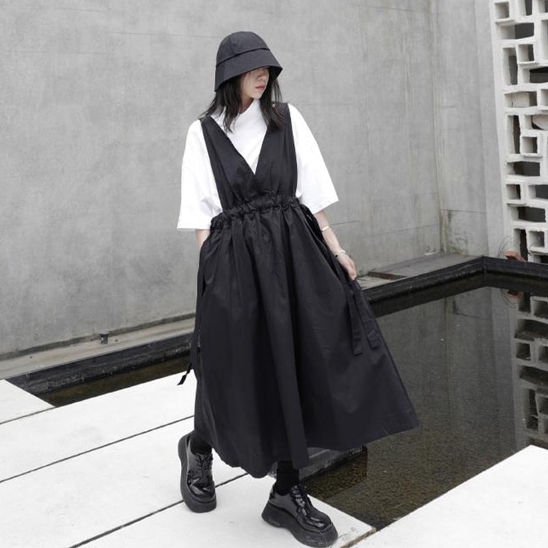 春夏新作レディースサスペンダースカートブラックカジュアルシンプルファッションレディースリテラシーサスペンダースカートファッションパーソナリティ無地シンプルカジュアルレディースロングスカート
