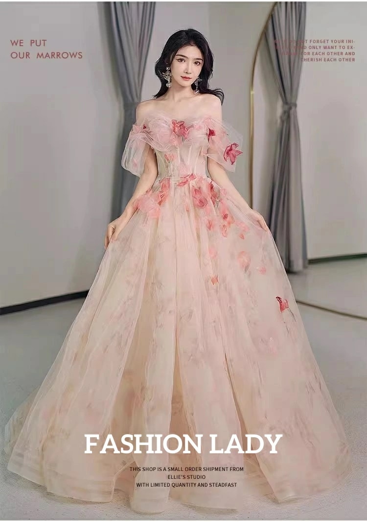 レディースドレス きれいめ 花柄 チュールスカート ピンク 結婚式 ウェディングドレス 成人式 礼服 司会 オフショルダー 小柄 姫系 スウィート ロングドレス 着痩せ 編み