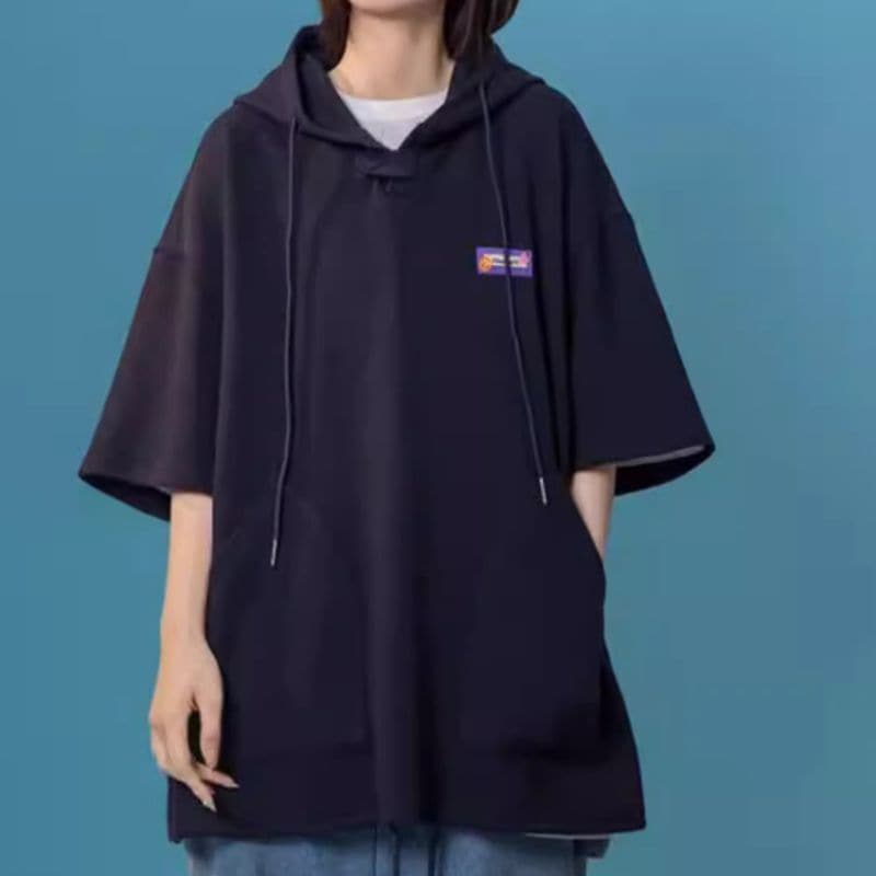 レディース トップス パーカー 部屋着 羽織 半袖 フード ハイウエスト かわいい 大人可愛い シンプル おしゃれ かっこいい レトロ こなれ感 ラフ スポーティー ルーズ 抜け感 学生風 ベーシック