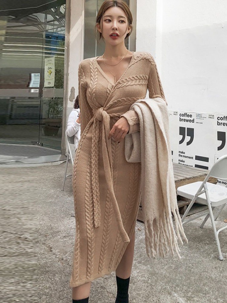 ワンピース プルオーバー ロング ロング丈 袖あり 長袖 Vネック タイト 細身 スリット