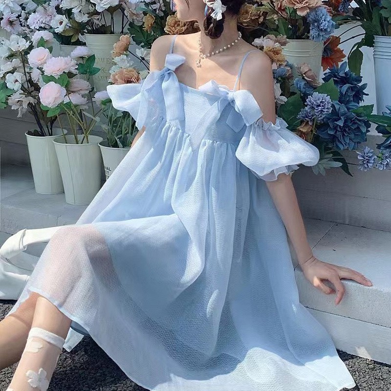 【1つ買うと10つ無料】脂肪300キャティ大規模ゆるい甘くて優しいサスペンダースカート女性の夏の肩バブルスリーブスカート