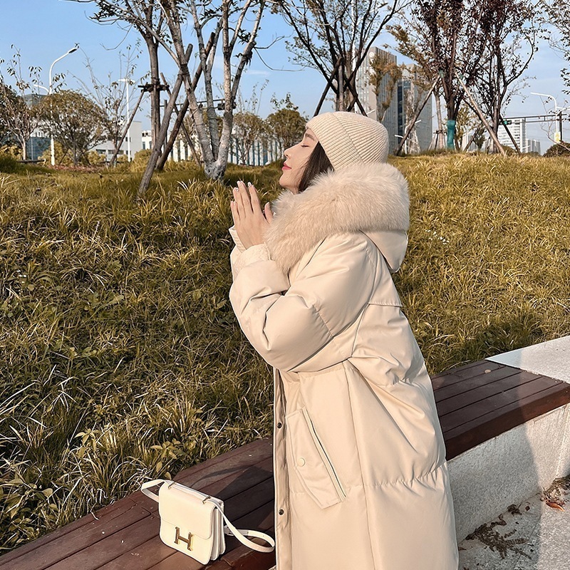 2024冬ファッションミドル丈ダウン中綿ジャケットレディース大きいファー襟ゆったり厚手中綿コート