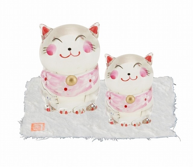 【新品開催 】開運招福　お目出度い「縁起置物」【硝子　組置物（猫）】