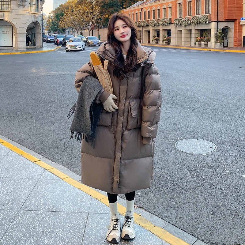 韓国版ゆったり白アヒルの羽毛ダウン2024新型ファッションカジュアルロングワンピース厚手のパン着