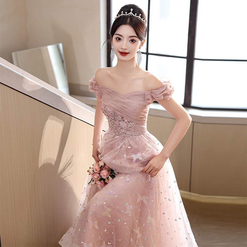 ワンショルダーピンクスパンコールイブニングドレス2024ホスト婚約ドレス女性用