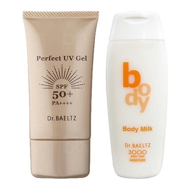 [国内正規品]パーフェクトＵＶジェル SPF50+　PA++++ 50g とボディSミルク 200ml のセット 日焼け止め（顔）居座りシミ 日焼け止め リッチ うるおい メリハリボディ