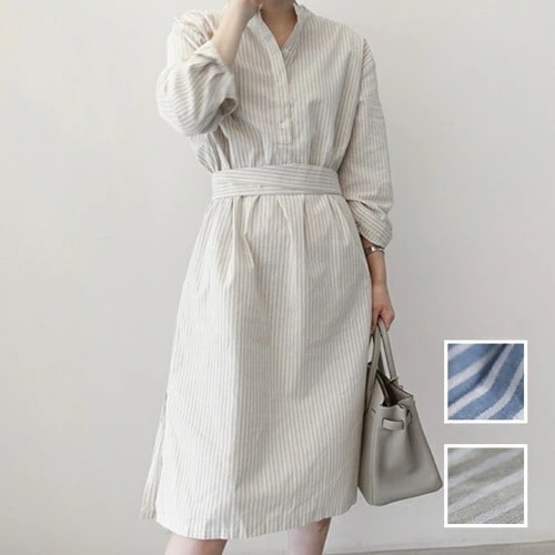 ワンピース カジュアル ミディアム ひざ丈ワンピ 韓国 ファッション レディース 春 夏 秋 カジュアル コーデ シンプル 定番 セレカジ 20代 30代 40代 2025 バンドカラー ハイネ