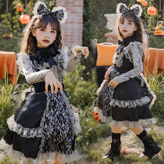 女の子 ハロウィン コスプレ衣装 ゴシック 暗黒風ドレス 膝丈 ゴスロリ コスチューム 子供 ハロウィン 変身仮装 花嫁 魔女 妖精 髑髏 コスプレ衣装 Halloween お化け 仮装 4点セット