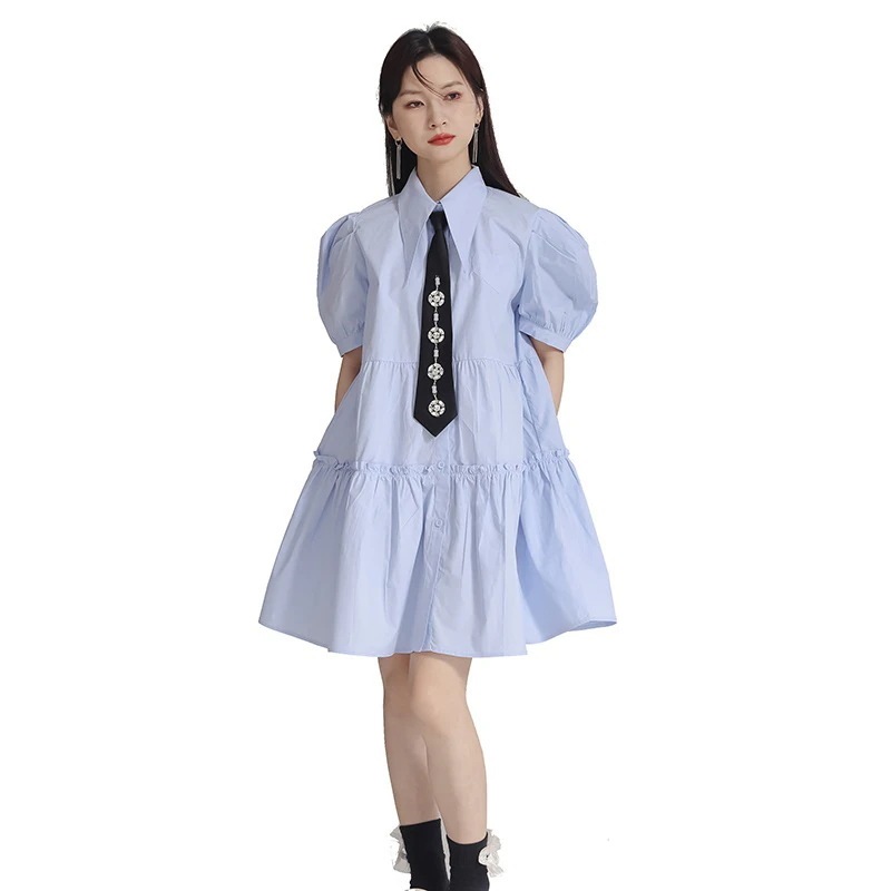 【J.Fashion】 ショートワンピース フリル Aライン ネクタイ付き 夏 シャツワンピ 関連商品は店で購入可能30%までに制限