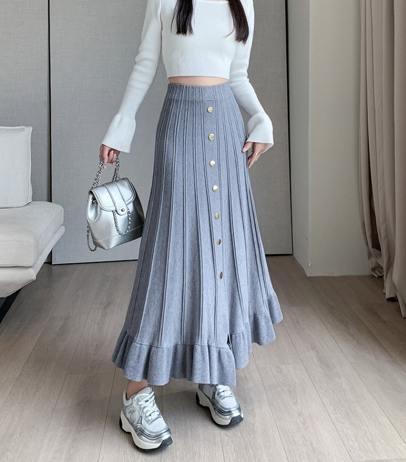 ニットスカート アンブレラスカート ウエストゴム ドレーププリーツスカート スカート ロングスカート Aライン スリット ニット 大人可愛い おしゃれ キュート 無地 春 秋 冬 レディース