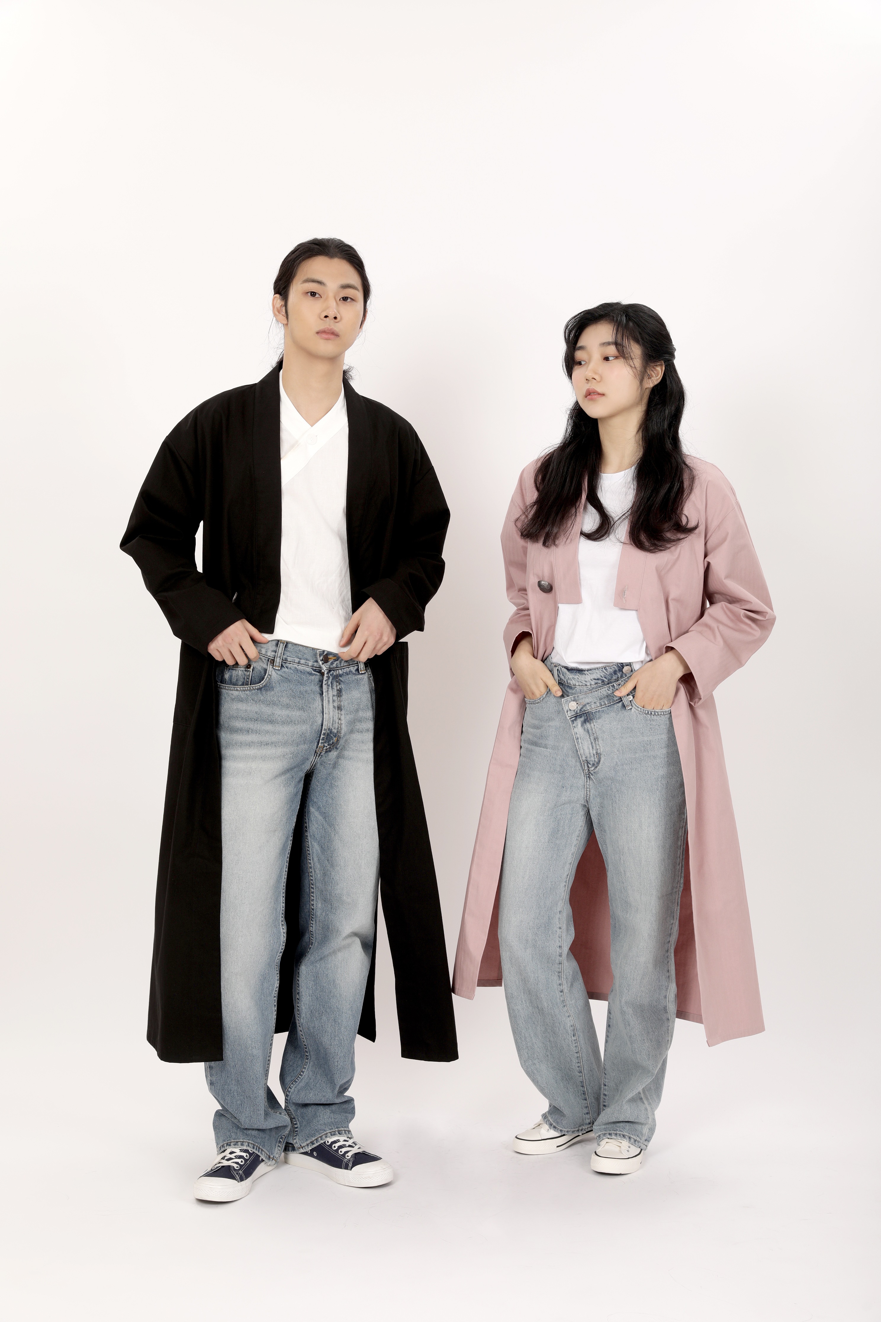 헤링본 롱 저고리 코트 (인디핑크/블랙 )