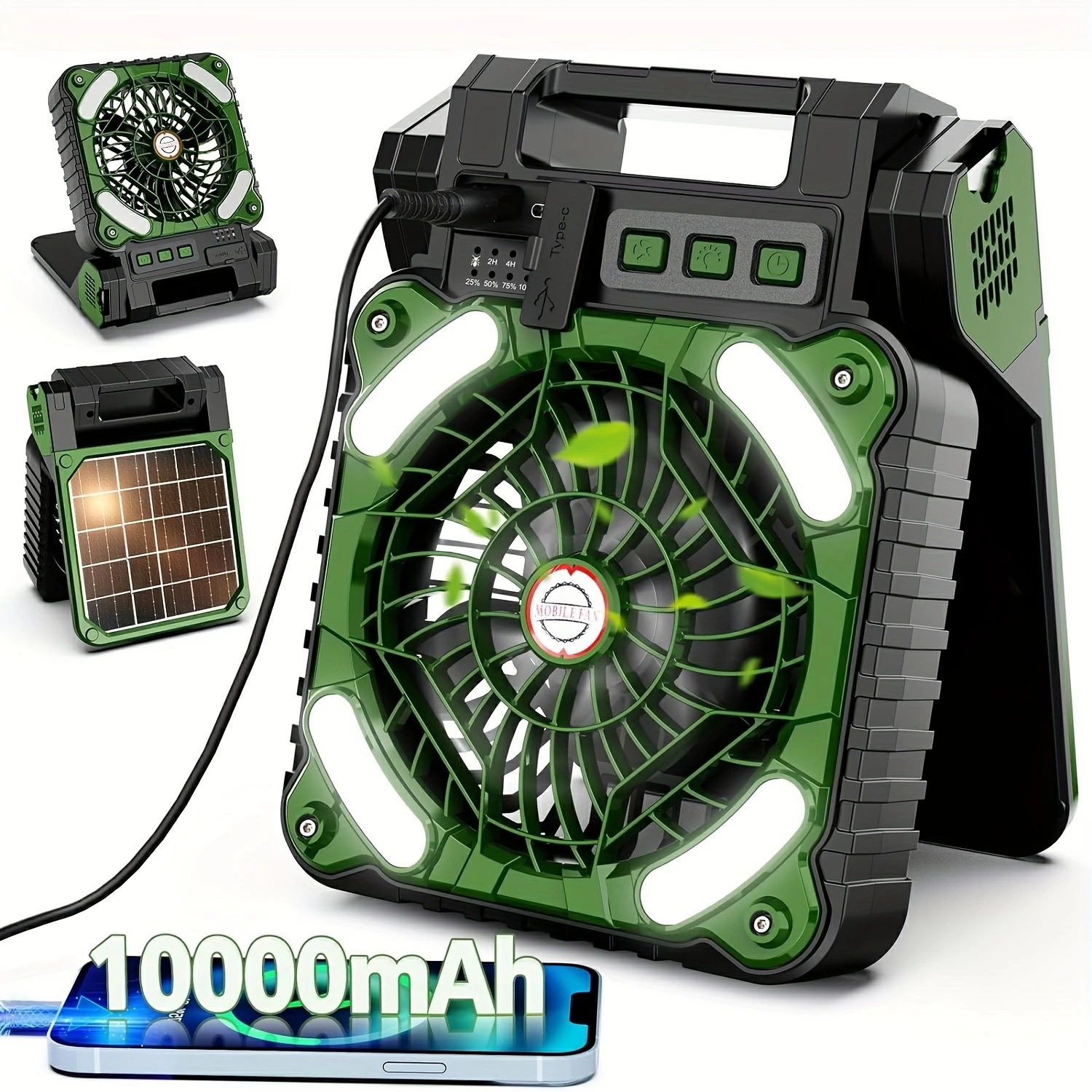 LEDランタン付きソーラーキャンプファン4スピード強風充電式バッテリー駆動タイマー付き90折りたたみテーブルファン屋外旅行テント用パーソナルファン