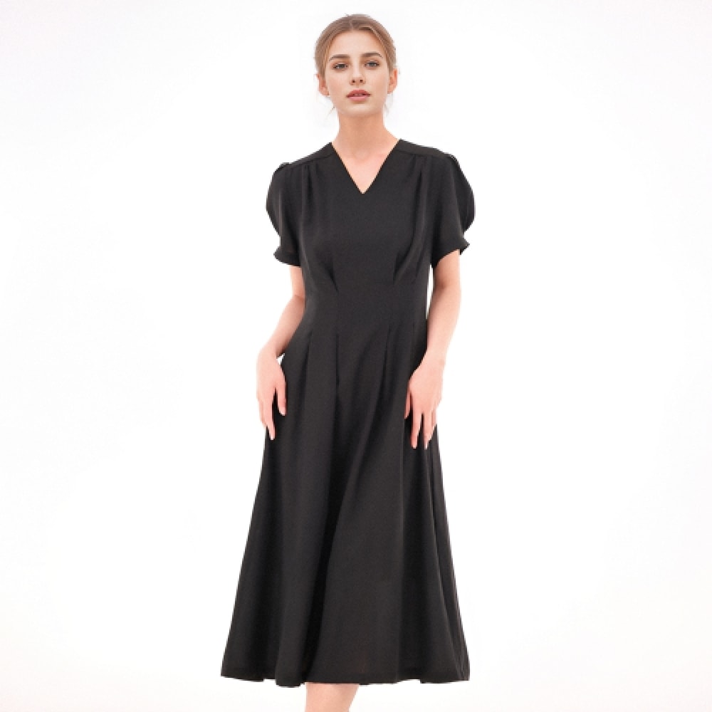 ACUD Vネックリネンドレス_ブラック