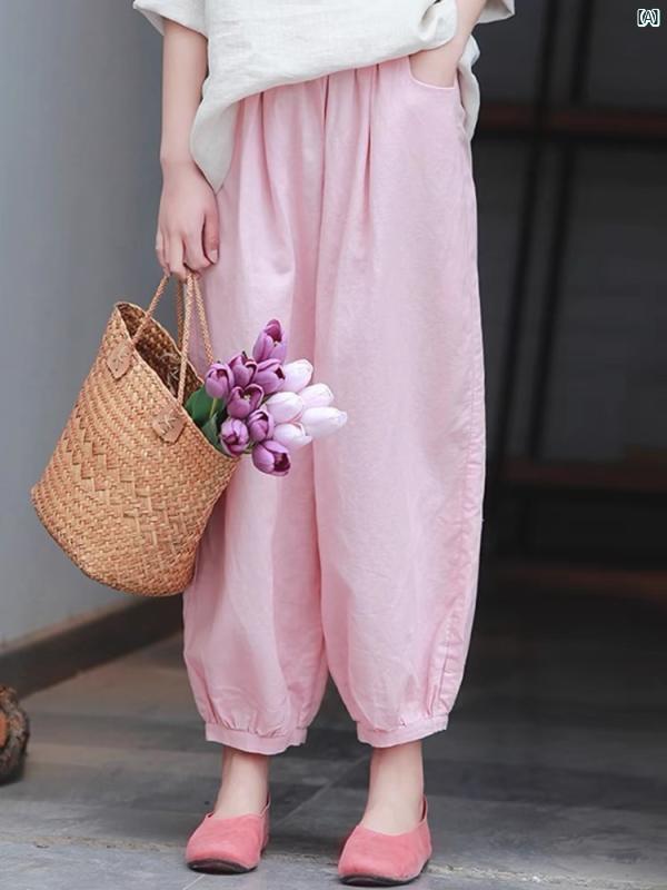 レディース　ファッション　　シンプル　オシャレ 夏 砂 洗 コットン リネン ライト ピンク 九分丈 スリム カジュアル パンツ 無地 耐久性 ウエスト ランタン 良質