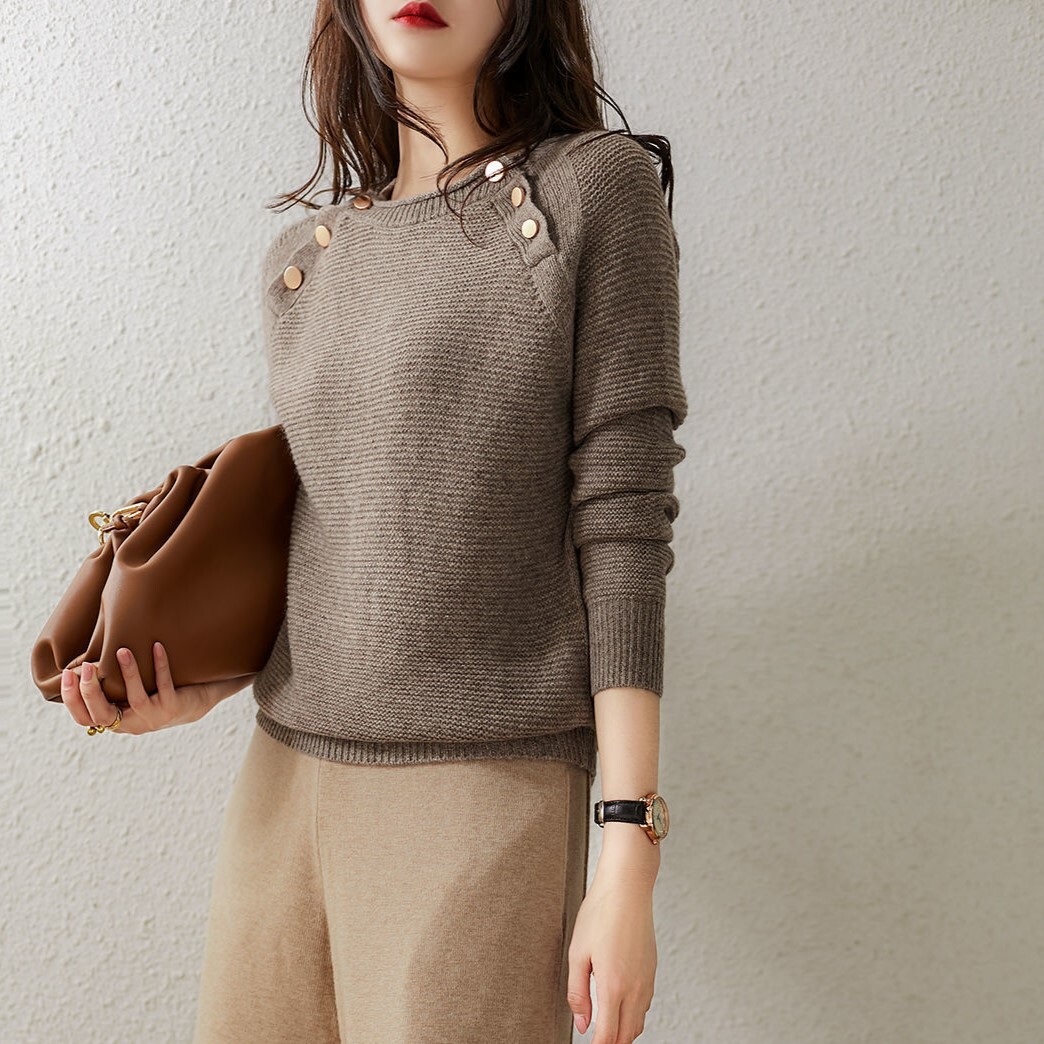 トップス ニットソー セーター 袖あり 長袖 ラウンドネック ストレート Iライン 編み込み 大人女子 ラブリー 個性的 グレー　ブラウン　ダークグリーン S M L XL こなれ感 エレガント