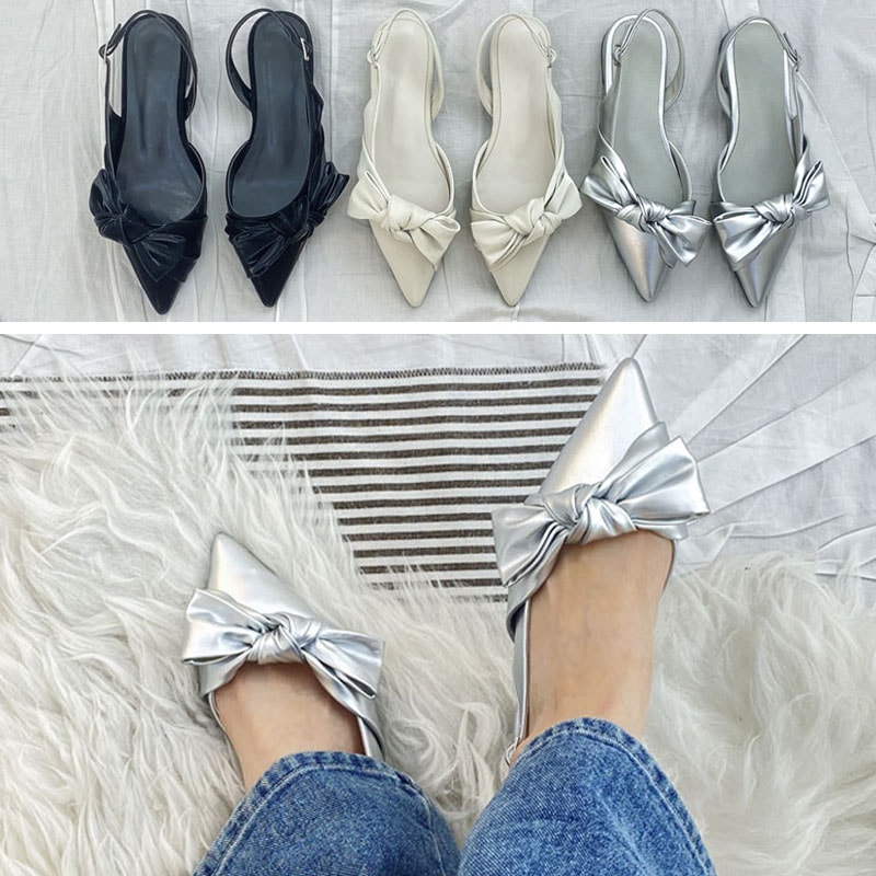 女性らしい結びリボンデザイン ポインテッドトゥ バックストラップ付き ローヒール スリングバックパンプス 3color