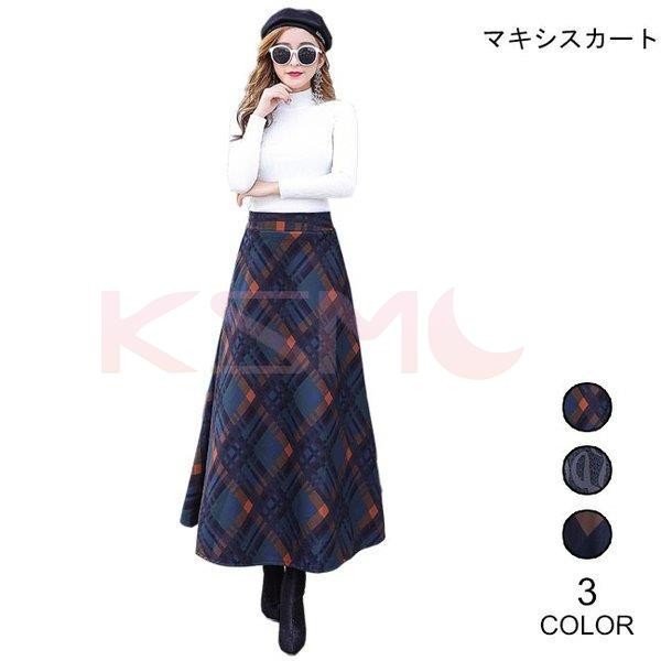 マキシスカート Aライン レディース 厚手 ロングスカート チェック柄 ウエストゴム スカート 女性用 ボトムス 秋冬物 レトロ オシャレ