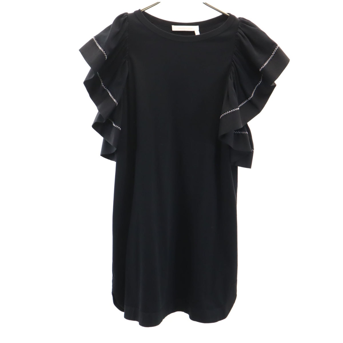 フレンチスリーブ ワンピース M 黒 フリル袖 レディース 古着