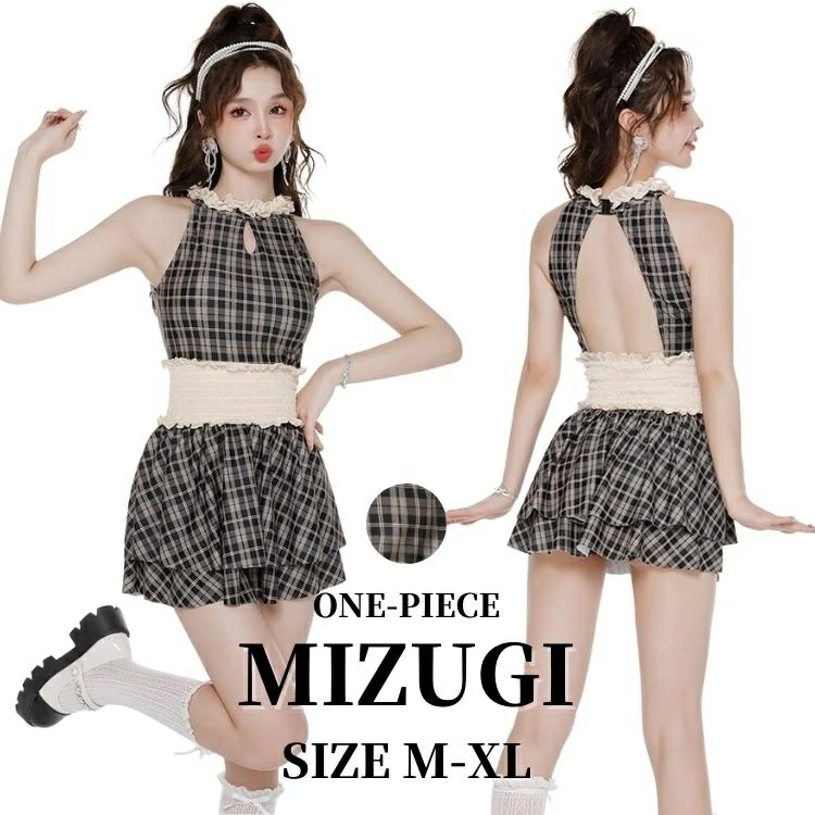 水着 レディース 女性 体型カバー ワンピース オールインワン チェック柄 オトナ女子 水着 ママ水着 韓国 リゾート セクシー水着 M/L/XL 20代 30代 40代 体型カバー 女の子 ミセス