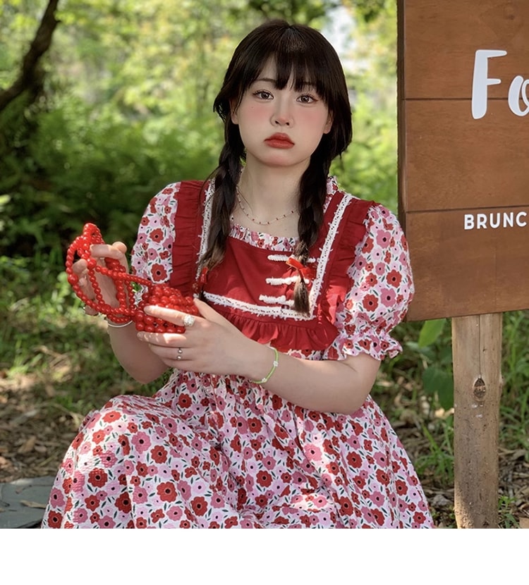 レッド クラッシュ フラワー ドレス 大きいサイズ スクエアネック ウエスト レトロ 個性的 ワンピース 膝下 袖あり 半袖 パフスリーブ スクエアネック 襟なし かわいい 大人可愛い おしゃれ