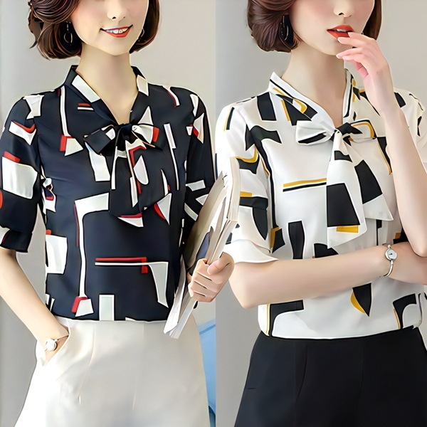 ２カラー 花柄半袖シフォンシャツ レディース トップス シャツ ブラウス プルオーバー 7分袖 ベルスリーブ Vネック 襟なし りぼんタイ ストレート フォーマル シフォン フリル きれいめ 上品