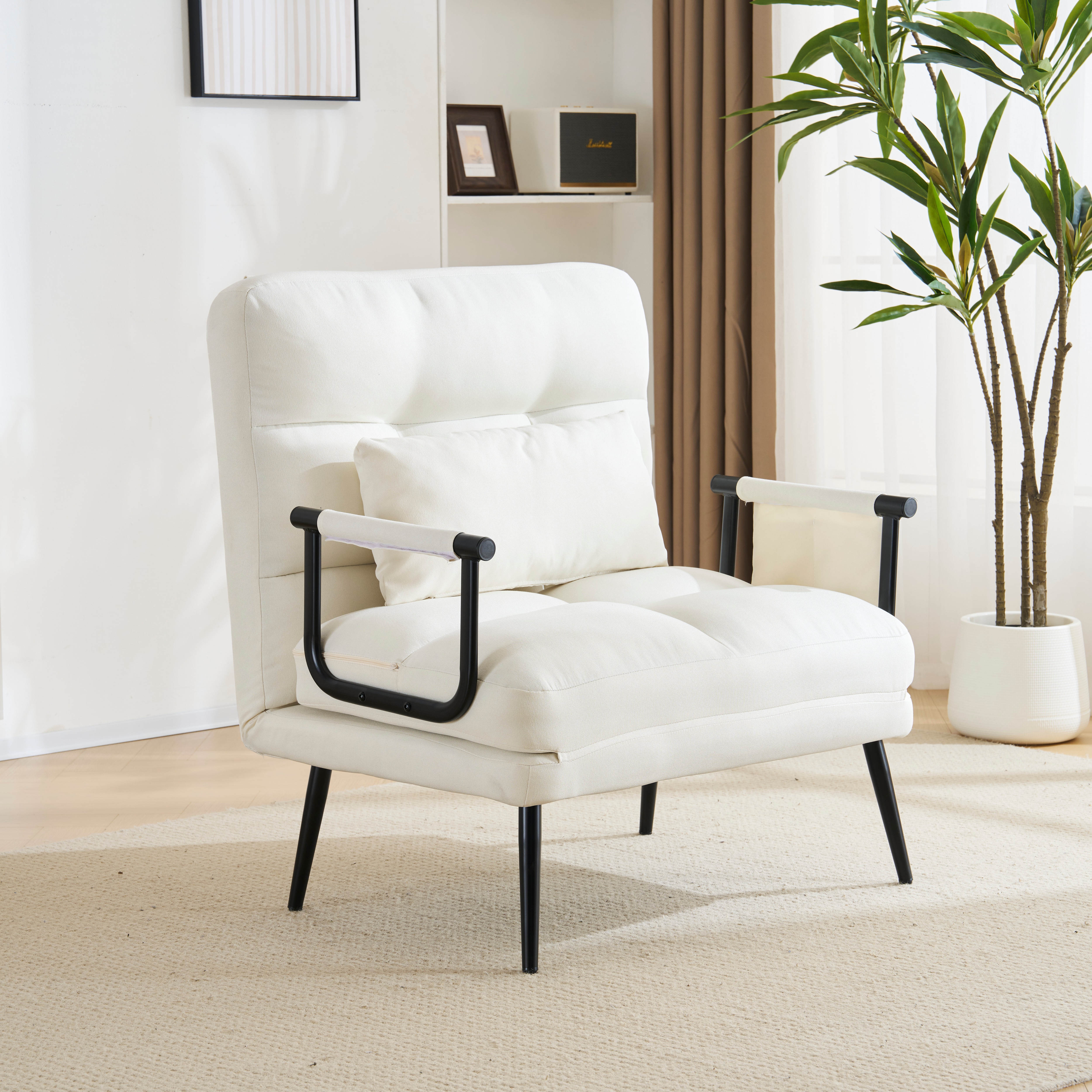 【大好評！最安値挑戦!】ソファベッド 折りたたみ 3WAY ファブリック生地 カウチソファー 肘付き 一人掛け カウチ リクライニング 一人暮らし 組立品GG6105 White FabricG11