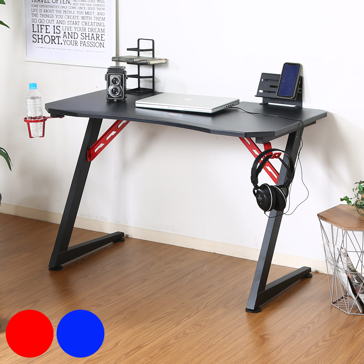 ゲーミングデスク コントローラースタンド付 レイズ ヘッドフォンホルダー カップホルダー タブレットスタンド モニター2台設置可能 デスク パソコンデスク オフィスデスク