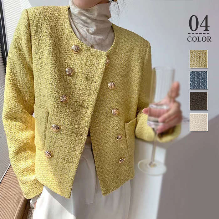 ツイード ジャケット レディース アウター ツイードジャケット きれいめ ショートジャケット ショート丈 黒 ツイード素材 クルーネック ノーカラー 低身長 ノーカラージャケット フォーマルジャケット