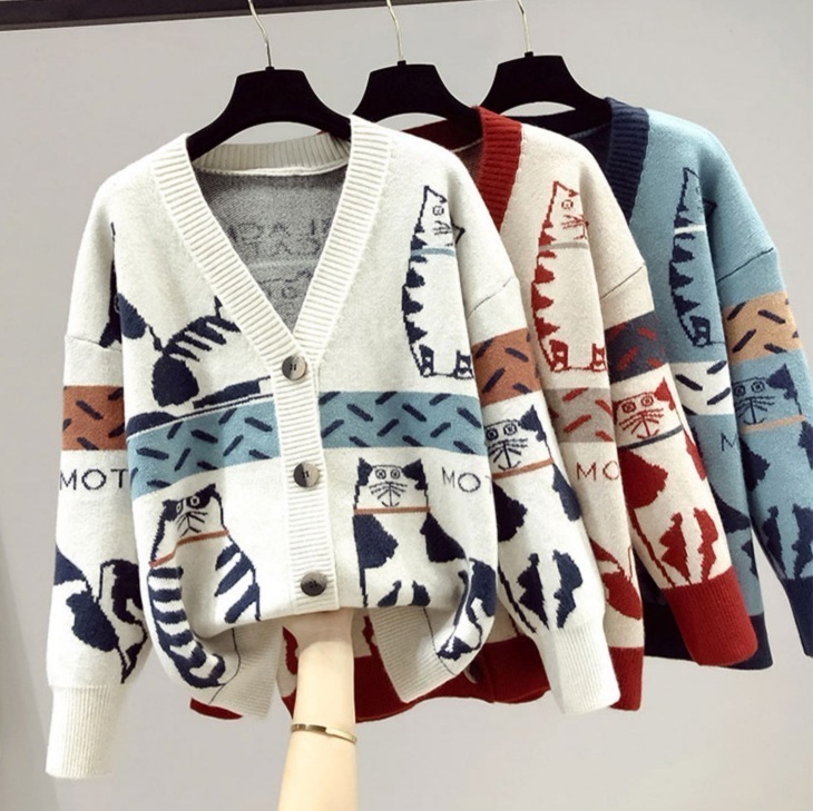 カジュアルカーディガン キャラクターデザイン ニットカーディガン トップス アウター カーディガン 上着 部屋着 袖あり 長袖 Vネック スリム ワイド スマート ふわふわ 前開き ニット かわいい