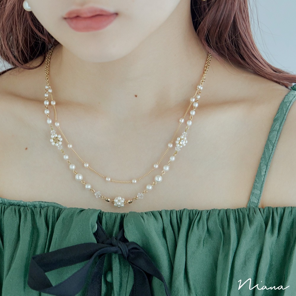 ネックレス レディース 結婚式 アクセサリー パール ビジュー ビーズ 小粒パール 花 フラワー チェーン 2連 シンプル ジュエリー ゴールド パーティー 大人 フォーマル 二次会 成人式 謝恩会