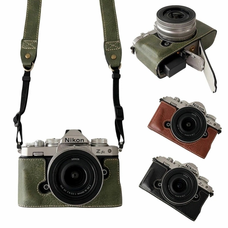 Nikon Zfc 専用 カメラケース PUレザー ケース ハイクオリティ レザーハーフケース 軽量 レザーケース 底面開閉 持ち運び便利 バッテリー交換可能 ショルダーストラップ付き カメラ保護ケー