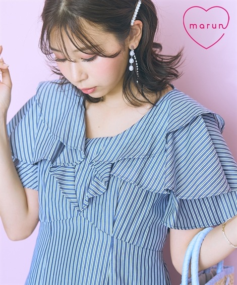 ロング・マキシ丈/半袖 大きいサイズ フリルデザインストライプワンピース　marun