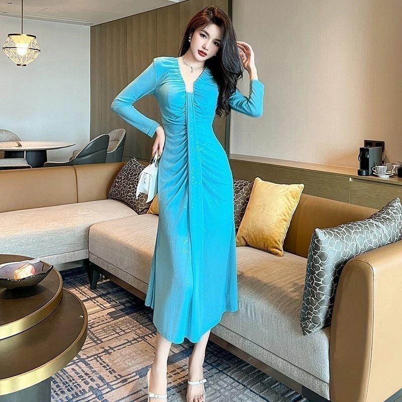 Hot!!!2023秋冬 Vネック シワデザイン キラキラ飾り ロングワンピース ブルー セクシー パーティードレス キャバ 着痩せ 大人 同窓会 披露宴 卒業式 結婚式 演奏会 ウェディング 4,763円