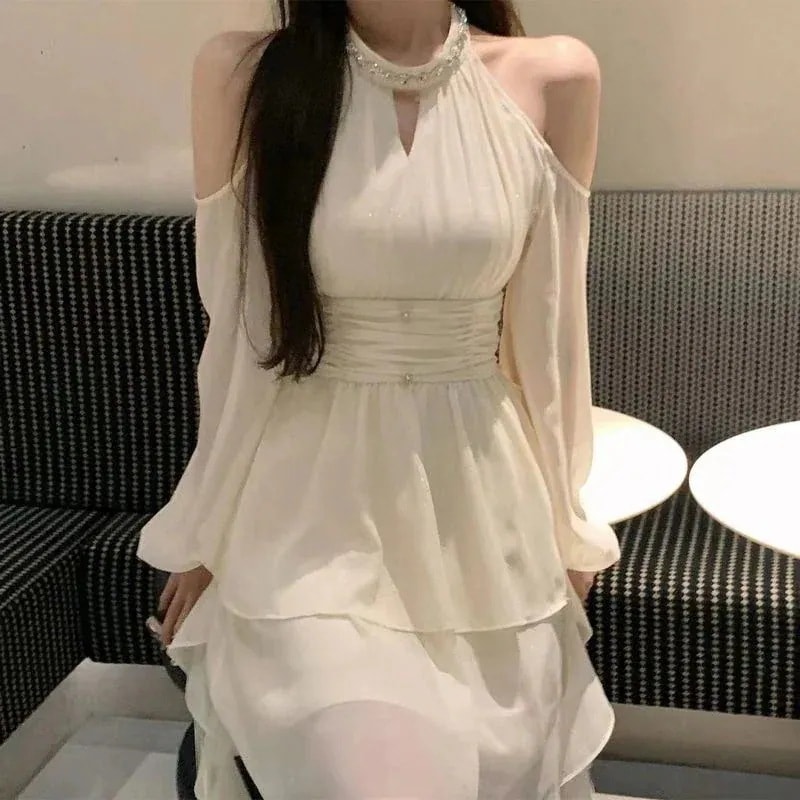 首掛けワンピースシンプルで高級感のある小衆純欲風超仙長袖初恋スカートハロウィンクリスマスパーティー仮装30%までに制限