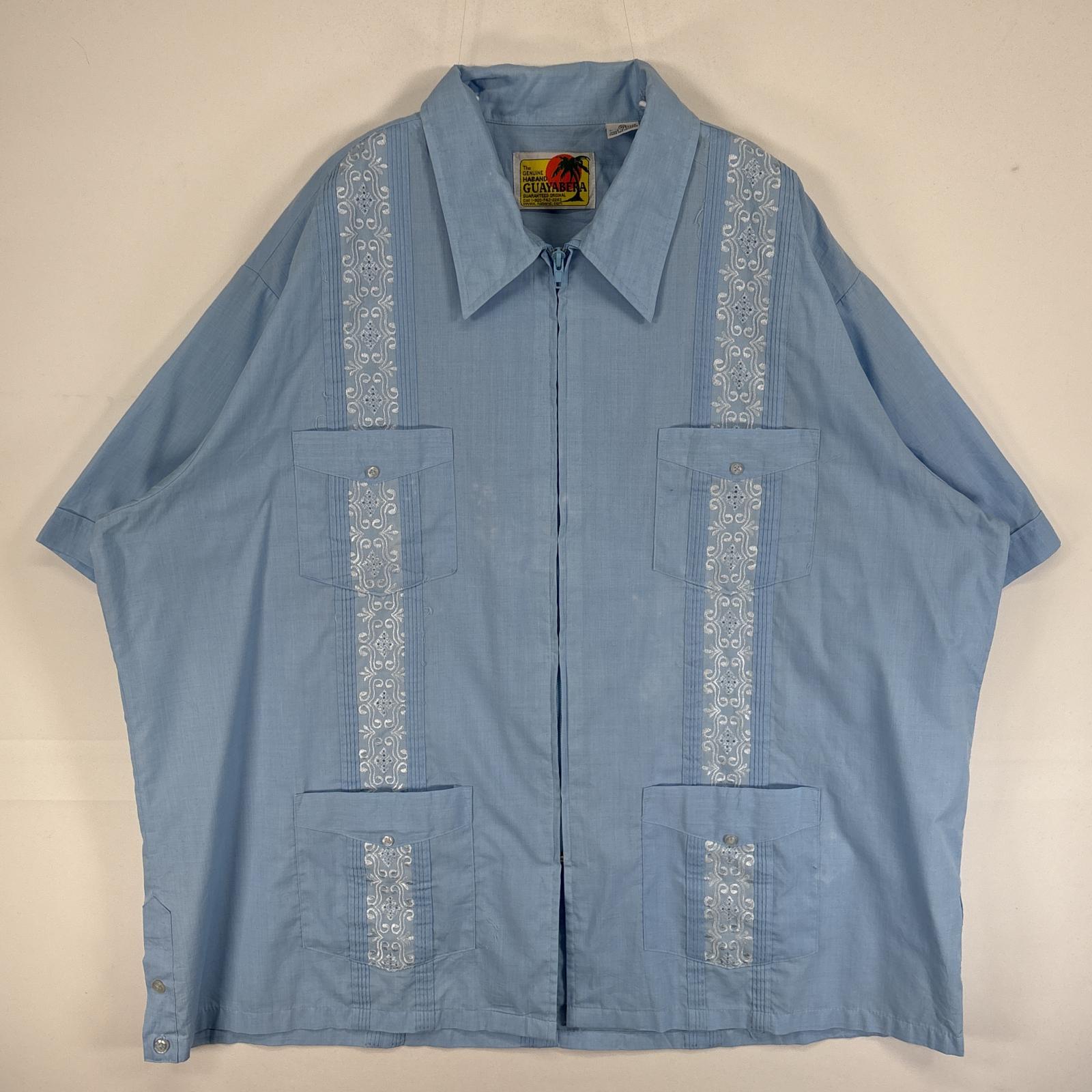 古着 GUAYABERA 半袖シャツ キューバ 4つポケ 刺繍デザイン フルジップ 大きいサイズ XL 水色 総柄 メンズ