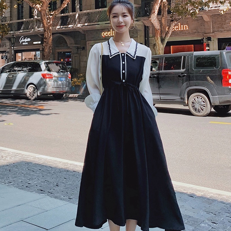 女性のための黒と白のドレス初期の新デザインセクシーなフェイクツーピース長袖スカート