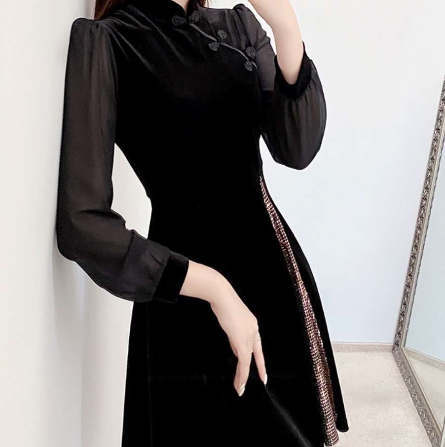 ワンピース ドレス ミニ セミフレア 長袖 チャイナ スリット かわいい 大人可愛い きれいめ シンプル キュート おしゃれ 春 夏 イベント パーティ 韓国 XL 2XL 3XL 4XL 4,932円