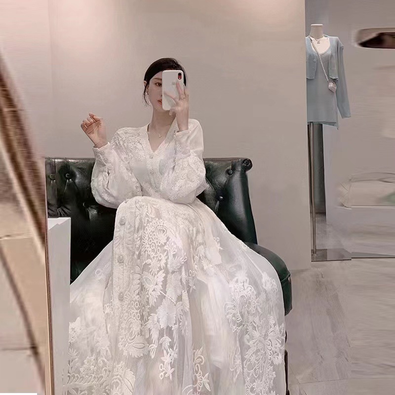 2024 春秋 夏 ホワイト ワンピース 気質 仙女 高級感 刺繍 ロングスカート ワンピース