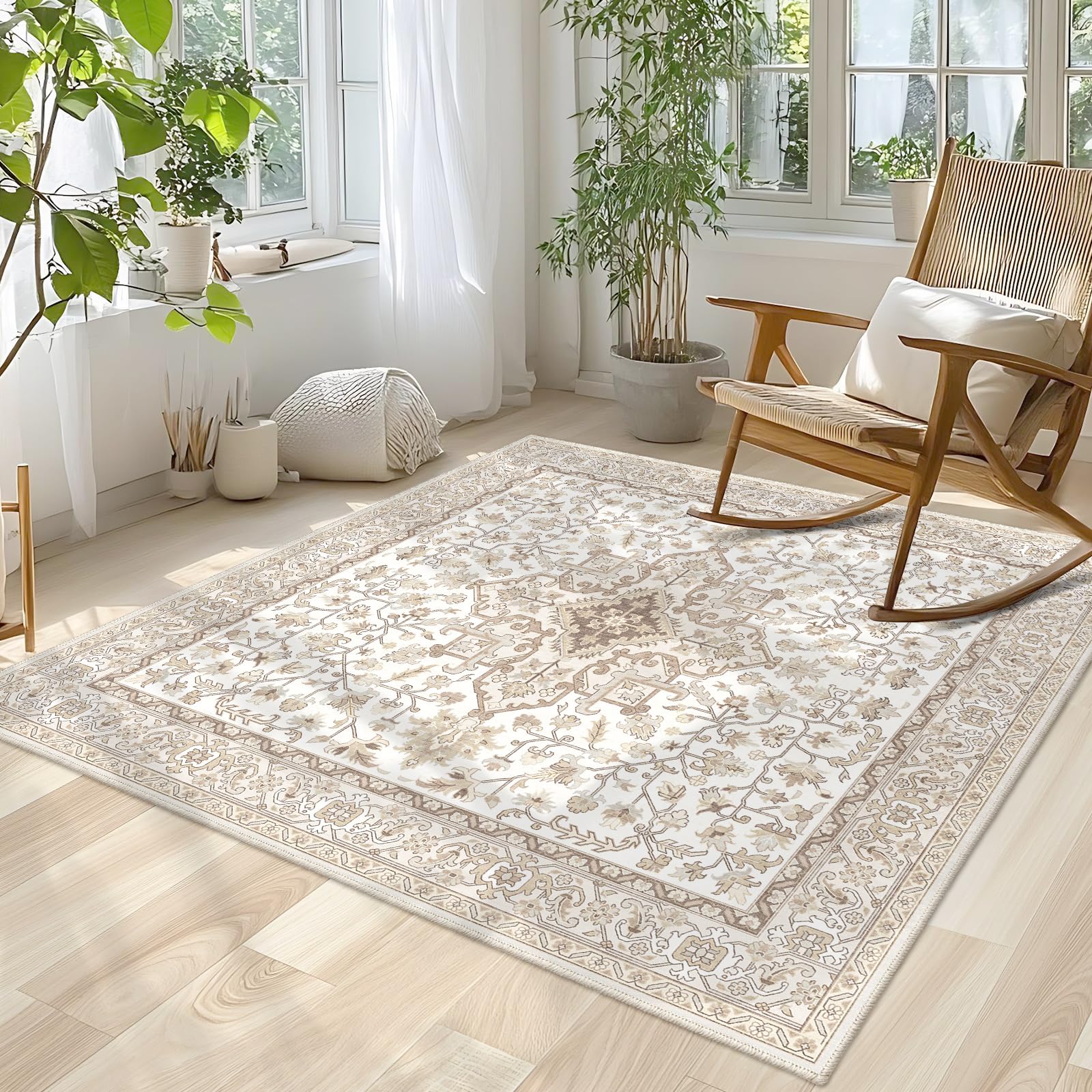 洗えるラグマット 2畳 190×190cm 正方形 洗える ペルシャ風 メダリオン柄 滑り止め付き ウォッシャブルラグ 軽量 ベージュ インテリアラグ ダイニング用 ベッドサイド用