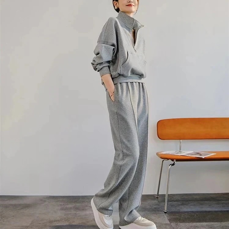 韓国ファッション 新作 運動セット涼しく楽ちんセット人気新作スウェットセットアップレディース春服ファッション長袖tシャツカジュアルワイドパンツ上下二点可愛い立ち襟福袋