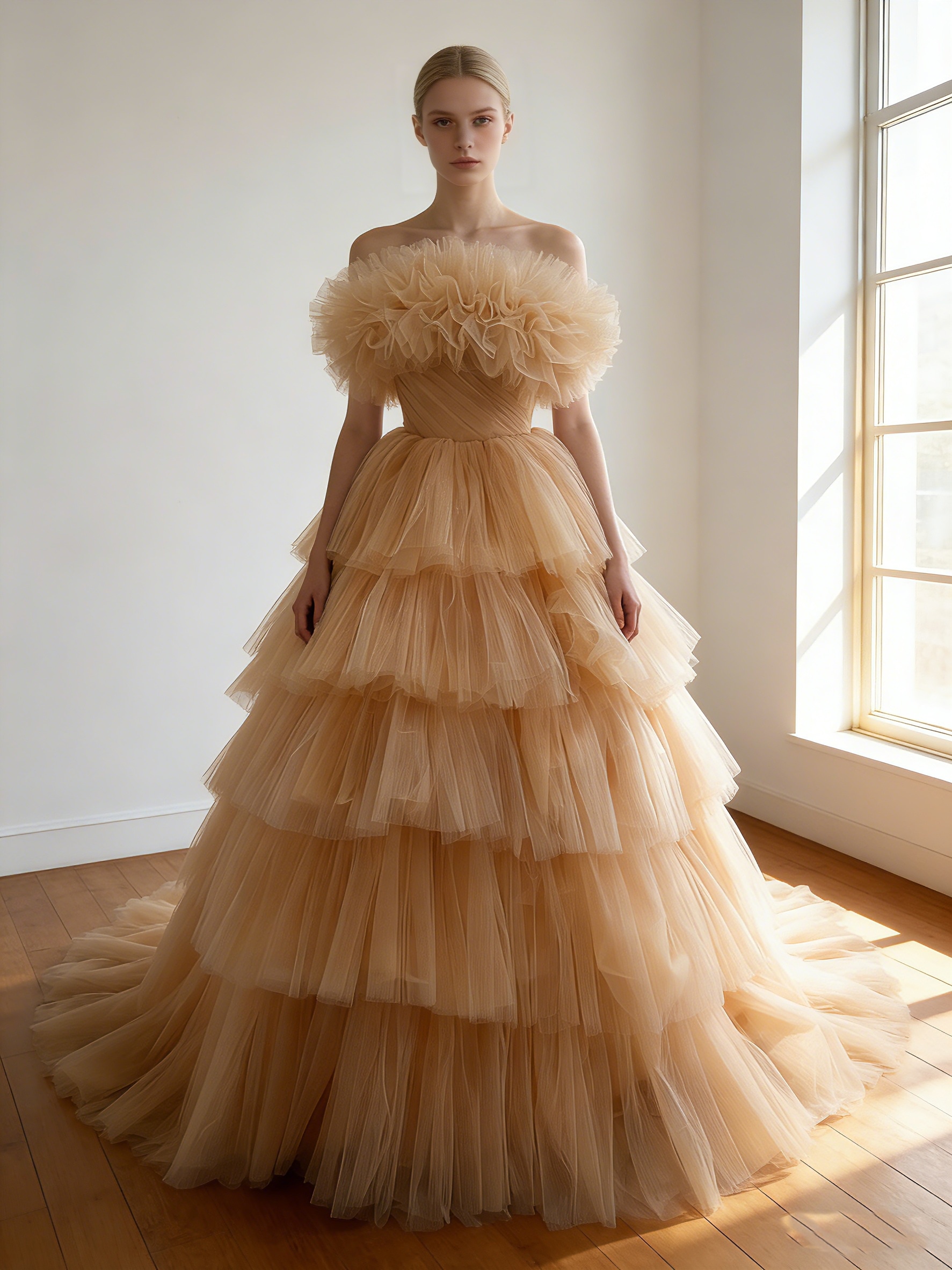 カラードレス シャンパン色 取り外し可能な付け袖 ソフトチュール 華やかなトレーン 結婚式 前撮り