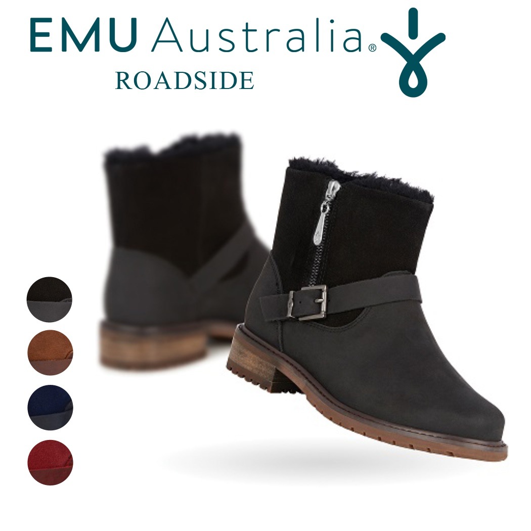 EMU エンジニアブーツ ROADSIDE レディース 秋冬 シープスキン ボア 天然素材 スエード 防水 通気性あり エミュー ブランド 正規品 ショートブーツ 本革 無地 全4色 黒 ブラック/オ