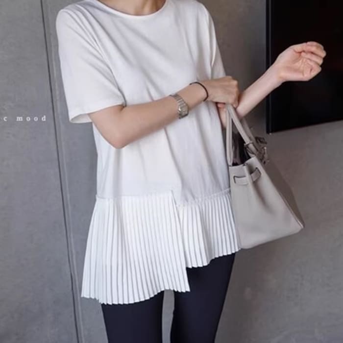 Tシャツ トップス カットソー レディース プルオーバー 丈長 半袖 クルーネック 襟なし アシンメトリー プリーツ 大人可愛い きれいめ シンプル カジュアル 上品 おしゃれ こなれ感 ラフ