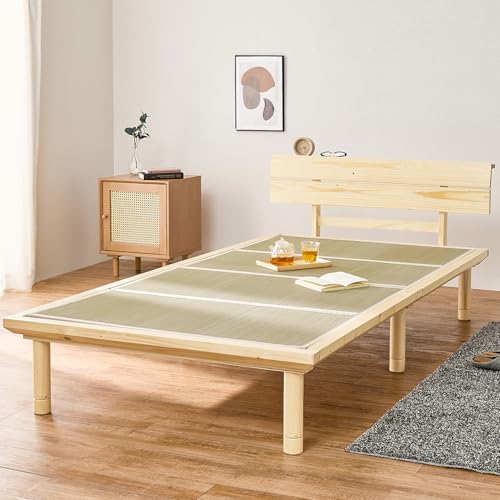 萩原 ベッド 畳ベッド すのこベッド 棚付き 畳 マットレス セット い草 敷布団対応 コンセント付き シングル ロングタイプ 床面奥行 207.5cm ナチュラル WB-7727S-NA+キフネ10