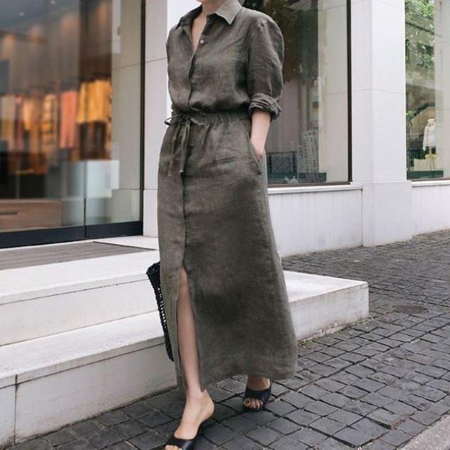 レディース シャツワンピ ロング 大きいサイズ シャツワンピース 長袖 リネン ウエストリボン 羽織り マキシ丈 上品 カーキ
