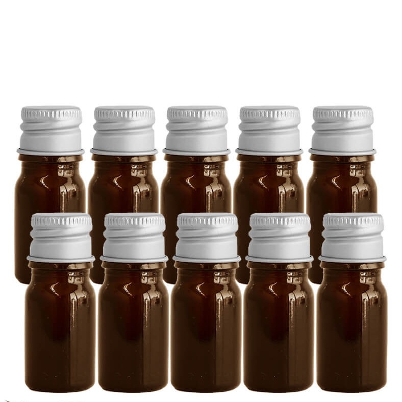 遮光瓶 10ml（アンバー） 100本セット シルバーキャップ ヴァーティカルドロッパー / 遮光ビン ガラス瓶 薬瓶 保存 アロマオイル エッセンシャルオイル 精油 キャリアオイル 香水 手作り コ