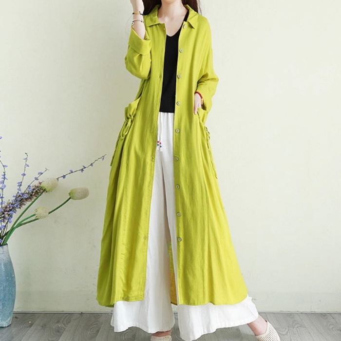 レディース ジャケット カーディガン アウター 上着 羽織 前開き ロング 長袖 襟付き ワイド ポケット ボタン 薄手 リネン コットン かわいい 大人可愛い きれいめ シンプル カジュアル 上品