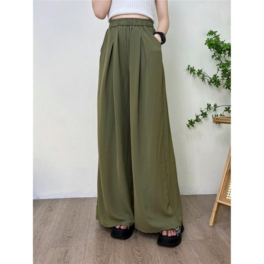 ワイドパンツ レディース 薄手 夏 涼しい 体型カバー ハイウエスト ウエストゴム ボトムス リラックスパンツ 美脚 お洒落 無地