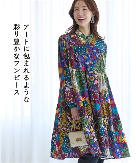 ミニ・ひざ丈/半袖 シニアファッション カラフルプリントワンピース