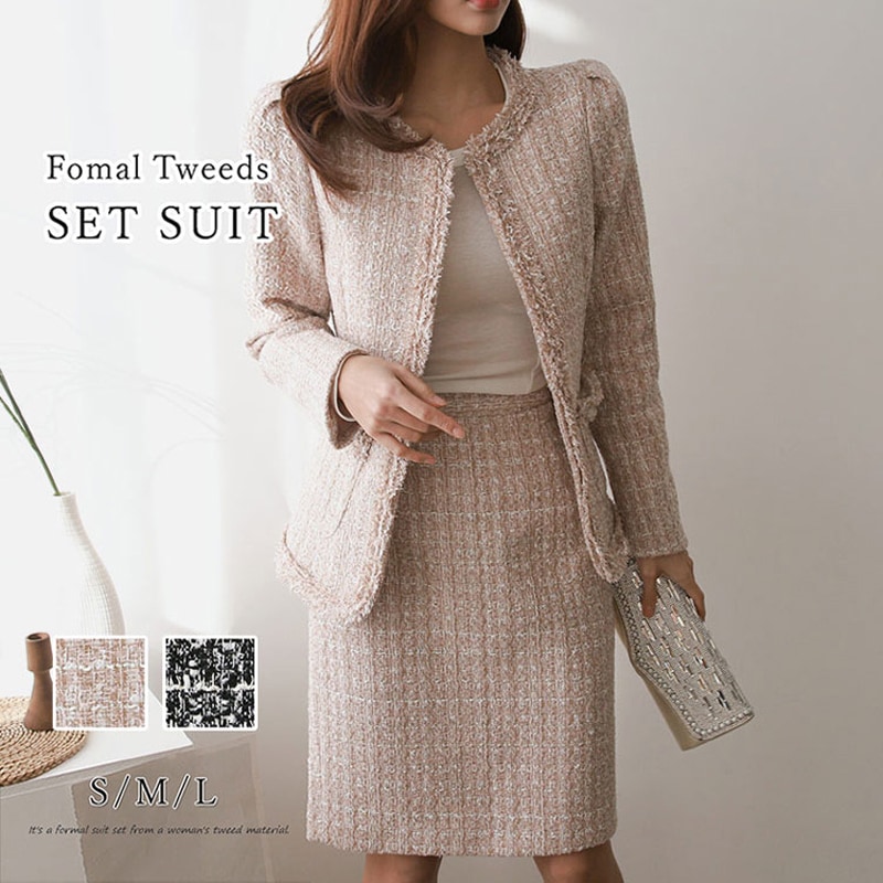 ツイードセットアップスーツ フォーマルスーツ スカートスーツ レディース 上下セット ラメツイード 入学式/卒業式/入園式/卒園式/母/上品 S/M/L /韓国製